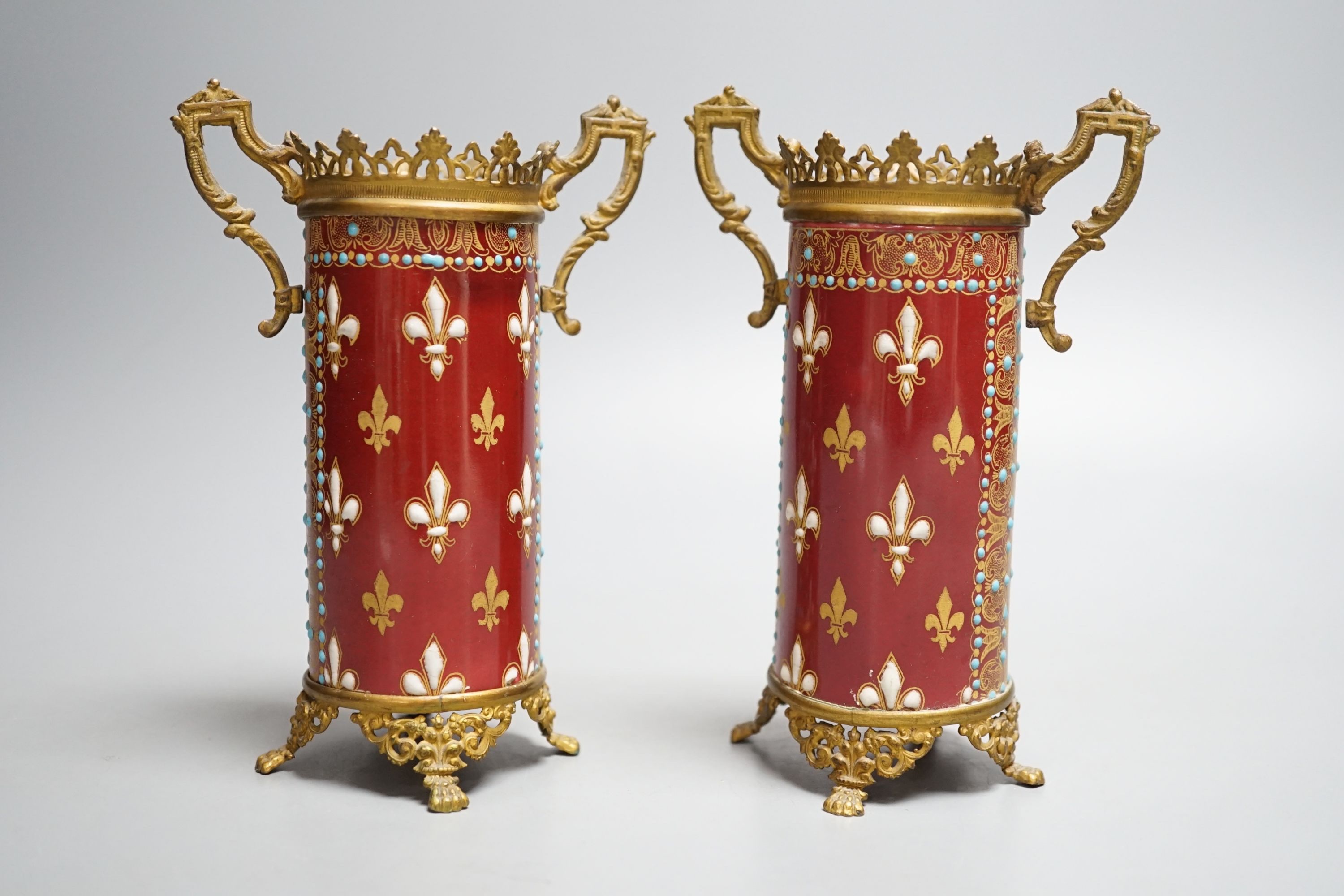 A pair of German or Austrian jewelled porcelain gilt metal mounted vases - 13cm tall